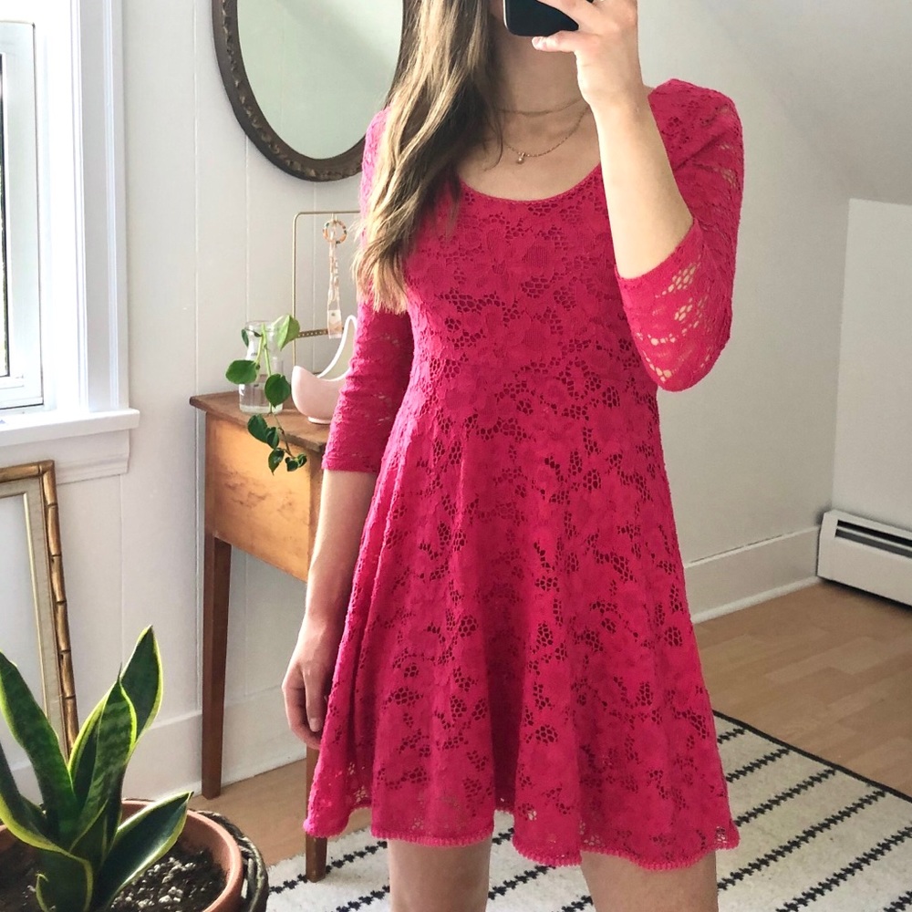 Free People Hot Pink Lace Scoop Neck Dress